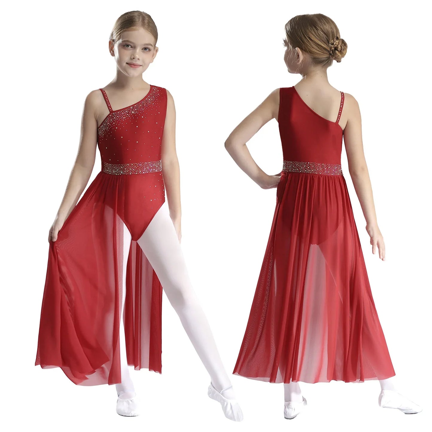 Girls Dance Costume Ballet Rhinestones Sleeveless Sheer Mesh Leotard Dress (Age 6-16 YRS)