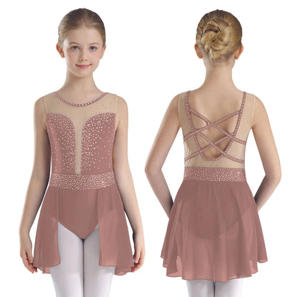 Rhinestone Gymnastics Figure Skating Dress for Teen Girls Sleeveless Sheer Mesh Tutu Ballet Leotard Lyrical Performance Costume