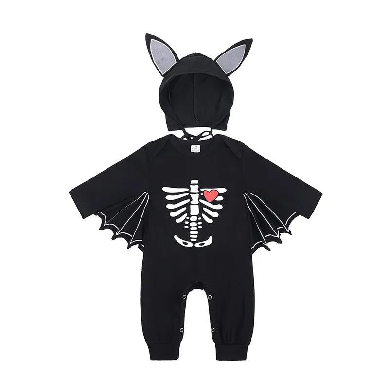 Skeleton Black Bat Costume for Baby 3-6M 6-12M 12-24M Purim Halloween Costumes Romper Hat 2pcs/set skeleton long