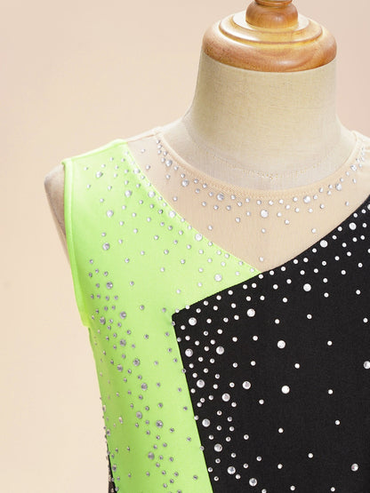 Rhinestone Gymnastics Figure Skating Dress for Teen Girls Sleeveless Sheer Mesh Tutu Ballet Leotard Lyrical Performance Costume