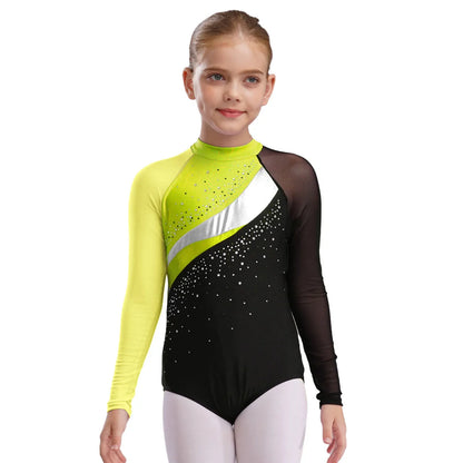 Girls Ballet Dance Leotard Gymnastics  Rhinestones Sheer Mesh Long Sleeve (Age 4-16 YRS)