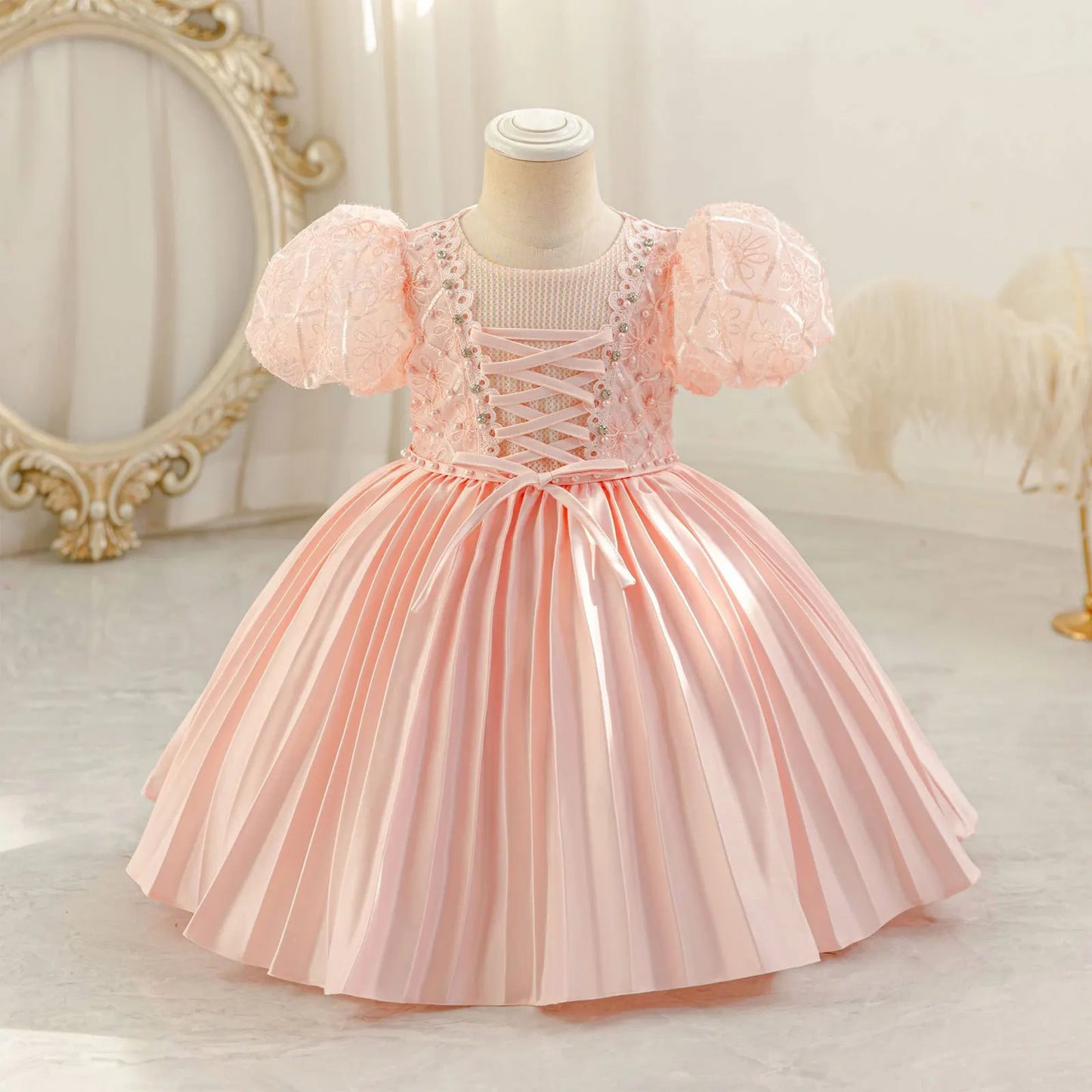 Baby Girls Princess Puff Sleeves Satin Faux Pearls Pleated Tulle Dress (9M-5YRS)