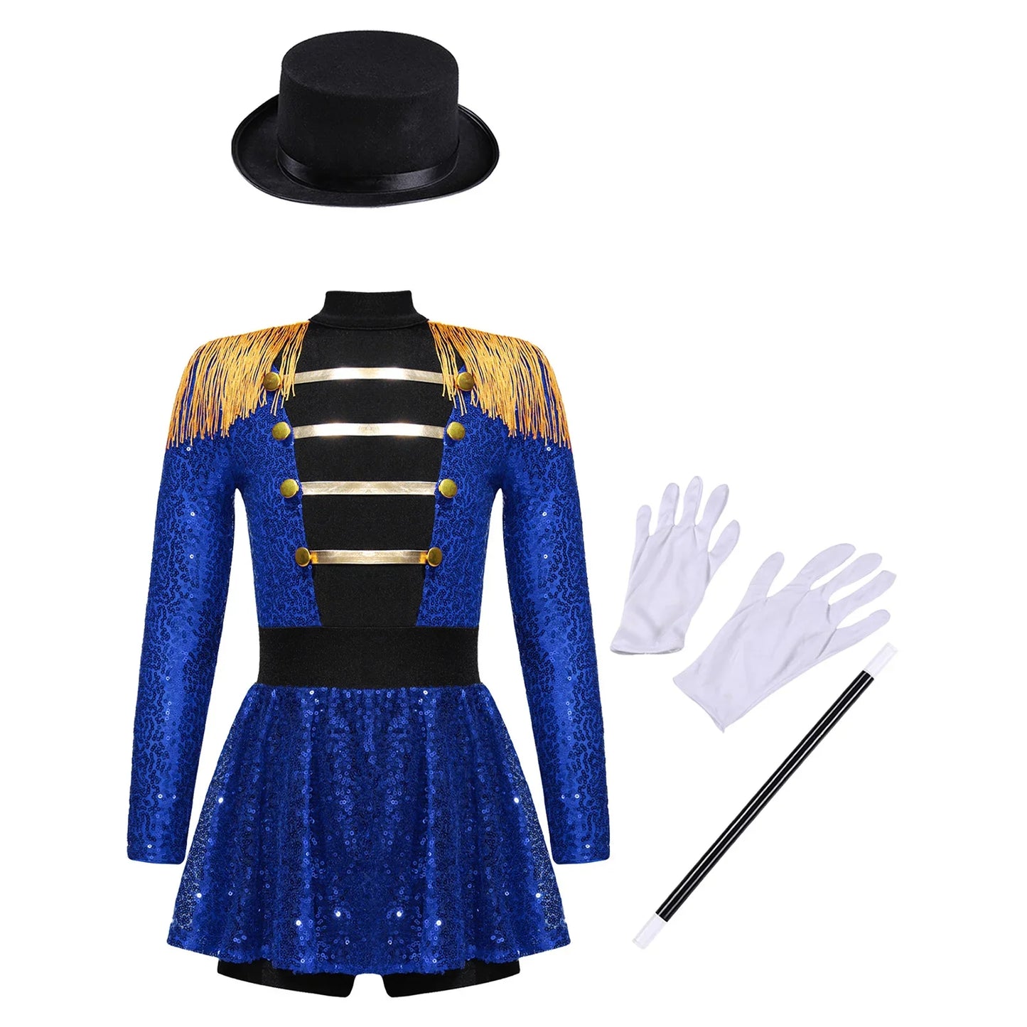 Girls Halloween Circus Ringmaster  Costume Long Sleeve Sequin Leotard Dress (Age 6-14YRS)