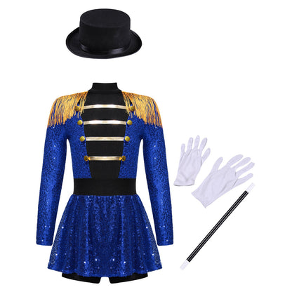 Girls Halloween Circus Ringmaster  Costume Long Sleeve Sequin Leotard Dress (Age 6-14YRS)