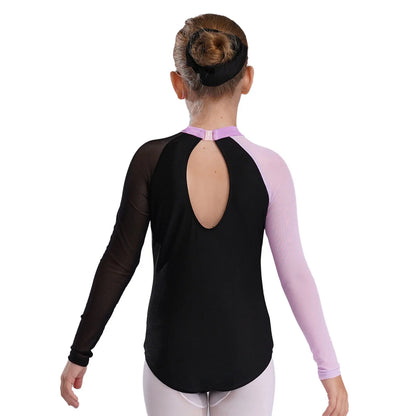 Girls Ballet Dance Leotard Gymnastics  Rhinestones Sheer Mesh Long Sleeve (Age 4-16 YRS)