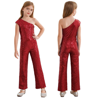 Girls Sequin One Shoulder Jumpsuit (Age 6-16YRS)