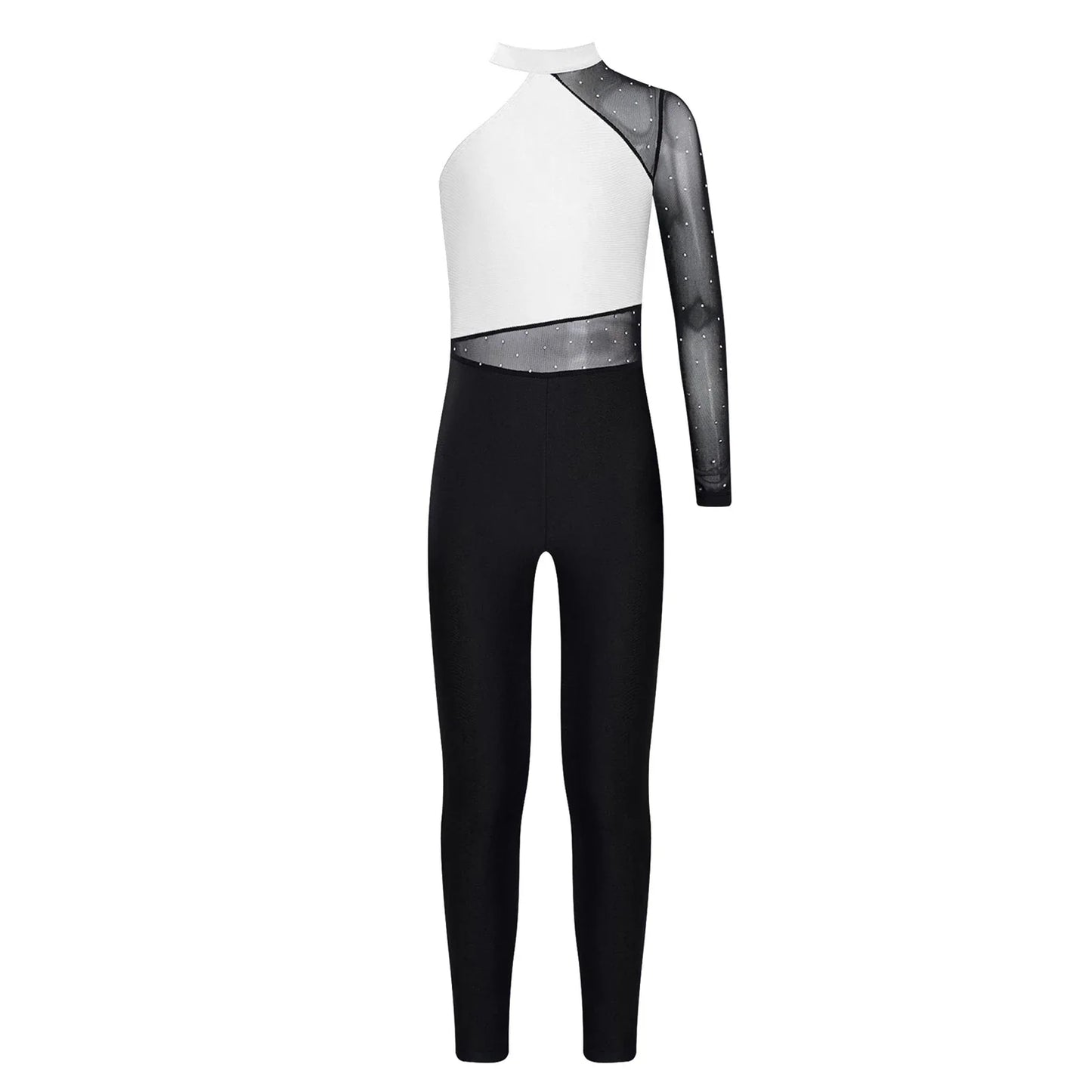Girls Gymnastics Rhinestones Sheer Mesh Jumpsuit (Age 6-16 YRS)