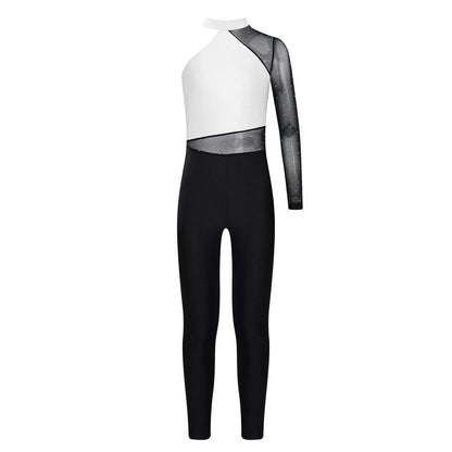 Girls Gymnastics Rhinestones Sheer Mesh Jumpsuit (Age 6-16 YRS)