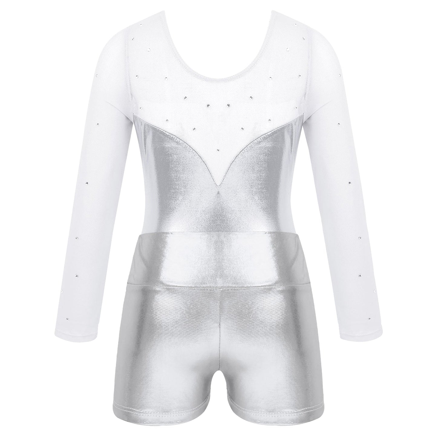Girls Rhinestone Metallic Dance Bodysuit & Shorts Set (Age 4-12 YRS)