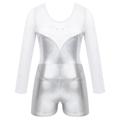 Girls Rhinestone Metallic Dance Bodysuit & Shorts Set (Age 4-12 YRS)