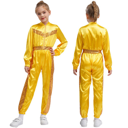 Girls Sequin Satin m Long Sleeve Zipper Jumpsuit (Age 6-16 YRS)