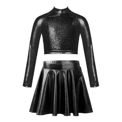 Girls Dance Metallic Long Sleeve Sequin Crop Top & Skirt (Age 6-14YRS)