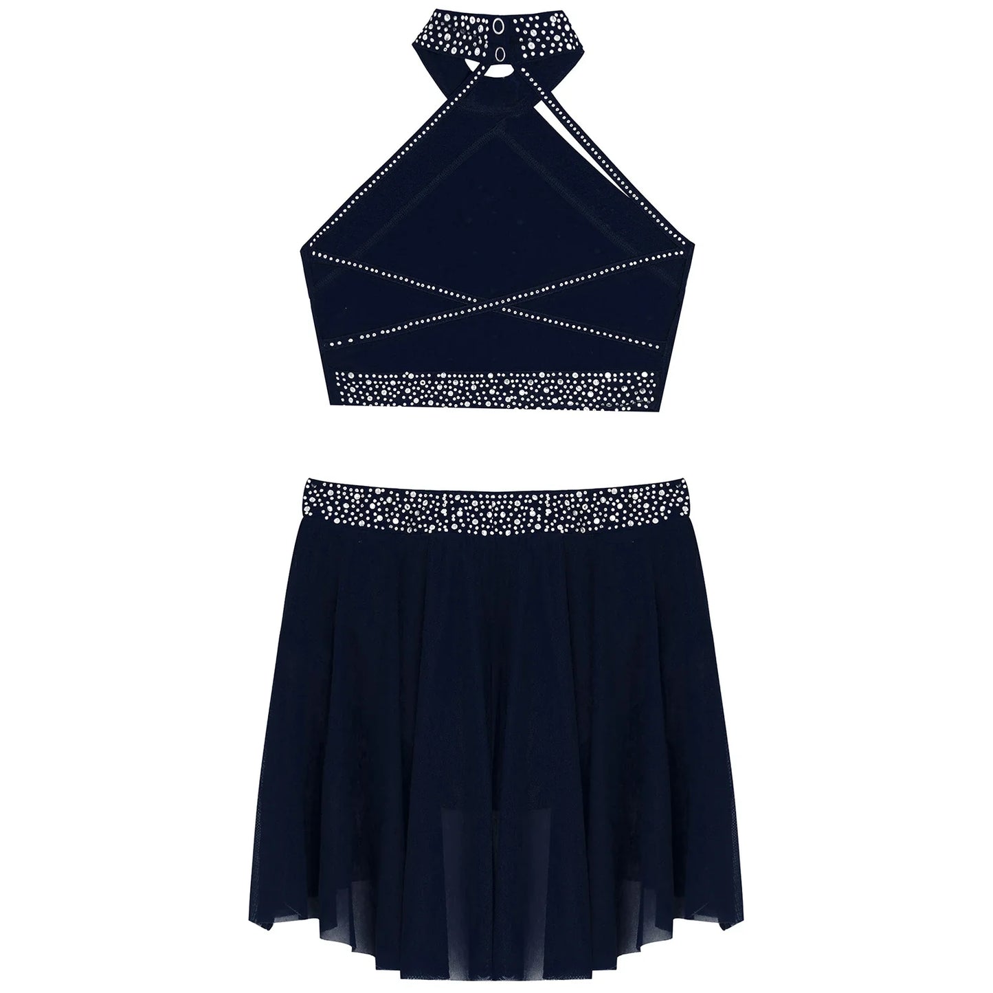 Girls Rhinestones Dance Outfit Tops & Skirt Set (Age 6-16 YRS)