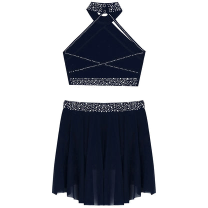 Girls Rhinestones Dance Outfit Tops & Skirt Set (Age 6-16 YRS)