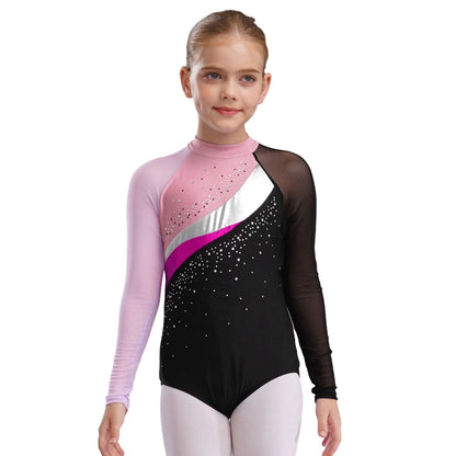 Girls Ballet Dance Leotard Gymnastics  Rhinestones Sheer Mesh Long Sleeve (Age 4-16 YRS)