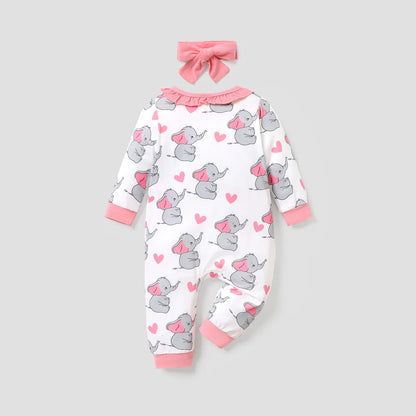 Baby Girls Koala Print White Long-Sleeve Ruffle Snap-up Jumpsuit (Age Newborn-18M)