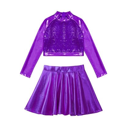 Girls Dance Metallic Long Sleeve Sequin Crop Top & Skirt (Age 6-14YRS)