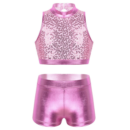 Girls Dance Costume Sequin Crop Top & Shorts Set (Age 6-12 YRS)
