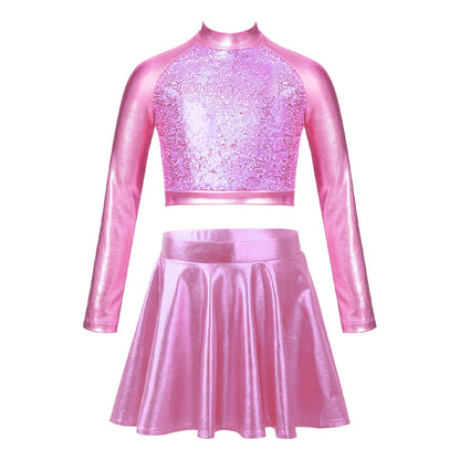 Girls Dance Metallic Long Sleeve Sequin Crop Top & Skirt (Age 6-14YRS)