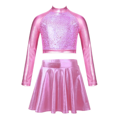Girls Dance Metallic Long Sleeve Sequin Crop Top & Skirt (Age 6-14YRS)