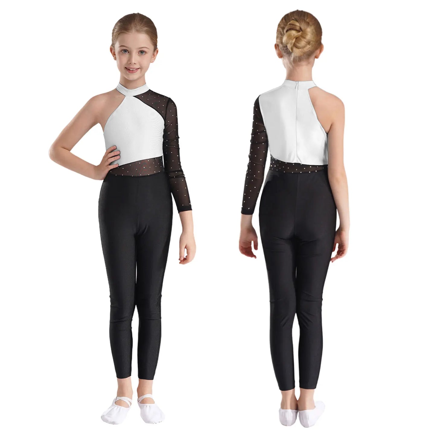 Girls Gymnastics Rhinestones Sheer Mesh Jumpsuit (Age 6-16 YRS)