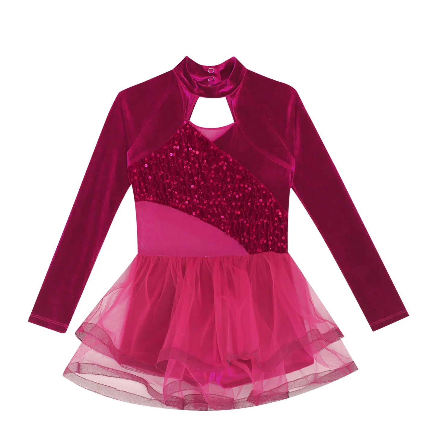 Girls Figure Skating Dance Costume Sequin Long Sleeve Velvet Mesh Leotard Dress (Age 6-14 YRS)