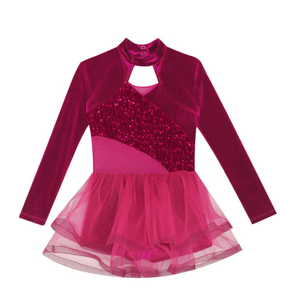Girls Figure Skating Dance Costume Sequin Long Sleeve Velvet Mesh Leotard Dress (Age 6-14 YRS)