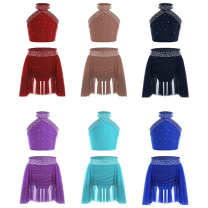 Girls Rhinestones Dance Outfit Tops & Skirt Set (Age 6-16 YRS)