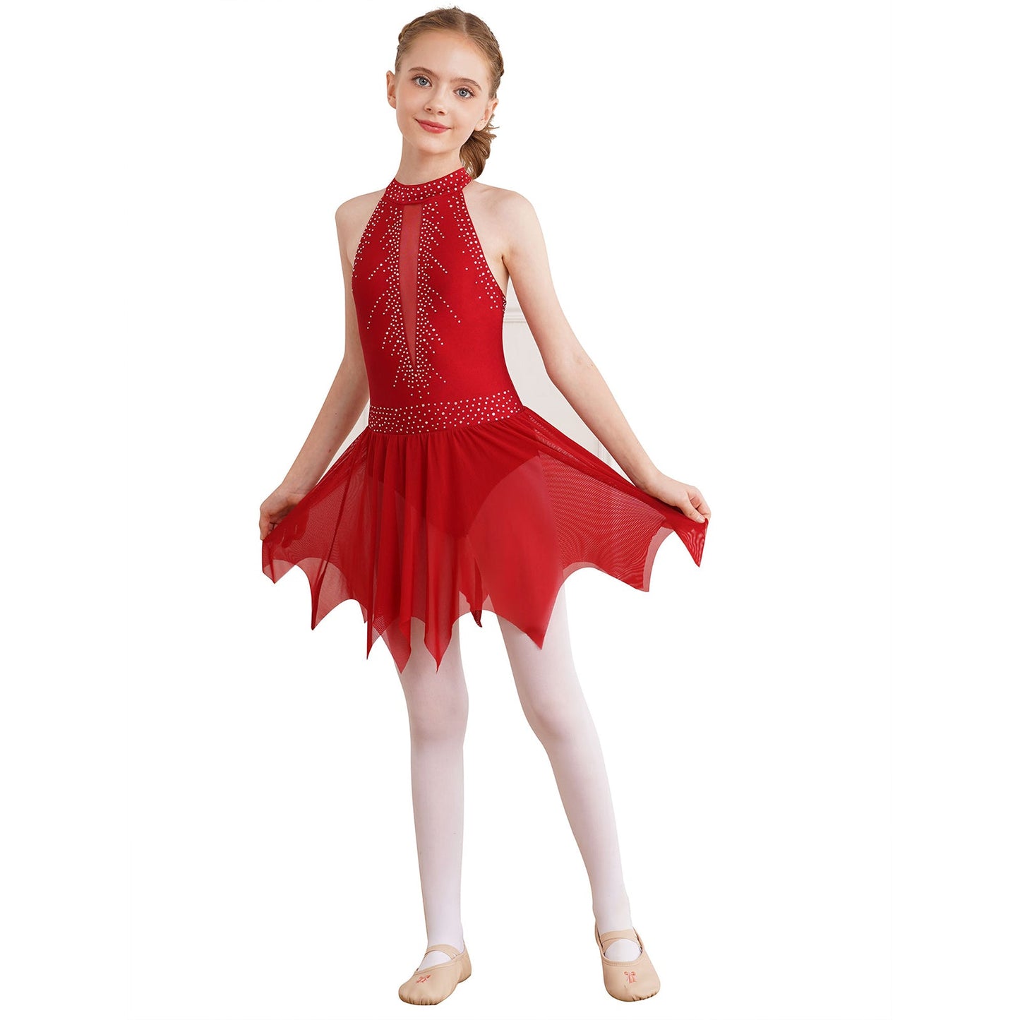 Girls Figure Skating Sleeveless Shiny Rhinestone Leotard Dress (Age 6-16 YRS)