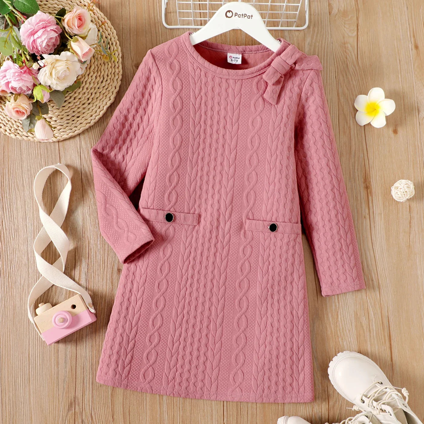 Girls Pink Cable Knit Bowknot Long-Sleeve Dress (Age 5-12YRS)