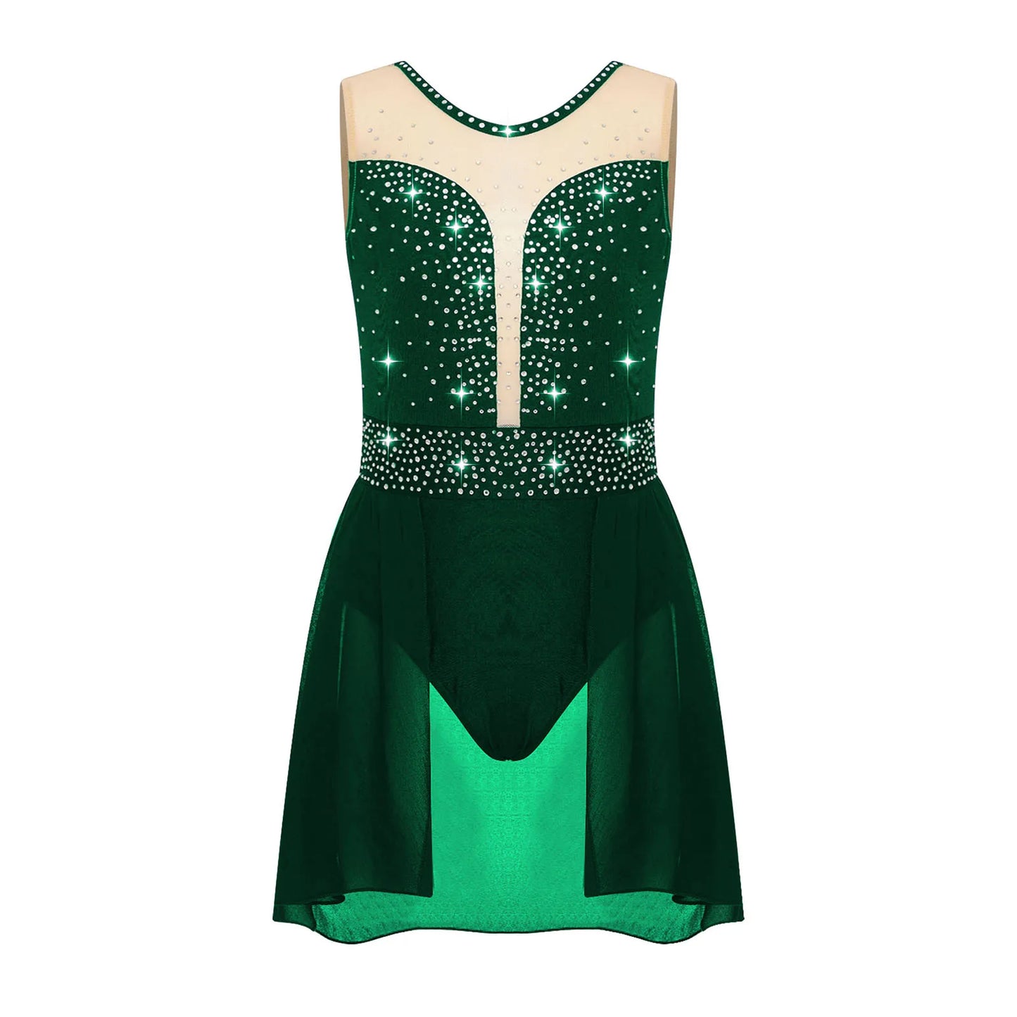 Rhinestone Gymnastics Figure Skating Dress for Teen Girls Sleeveless Sheer Mesh Tutu Ballet Leotard Lyrical Performance Costume