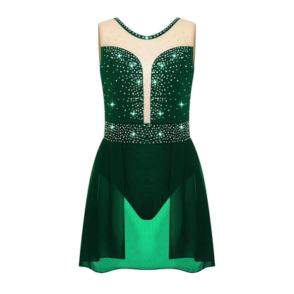 Rhinestone Gymnastics Figure Skating Dress for Teen Girls Sleeveless Sheer Mesh Tutu Ballet Leotard Lyrical Performance Costume