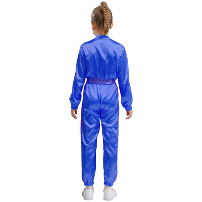 Girls Sequin Satin m Long Sleeve Zipper Jumpsuit (Age 6-16 YRS)