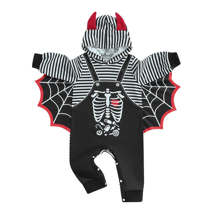 Baby Halloween Bat Costume Romper – Skeleton Cobweb Hooded Jumpsuit with Big Ears | Ages Newborn–24M Multi