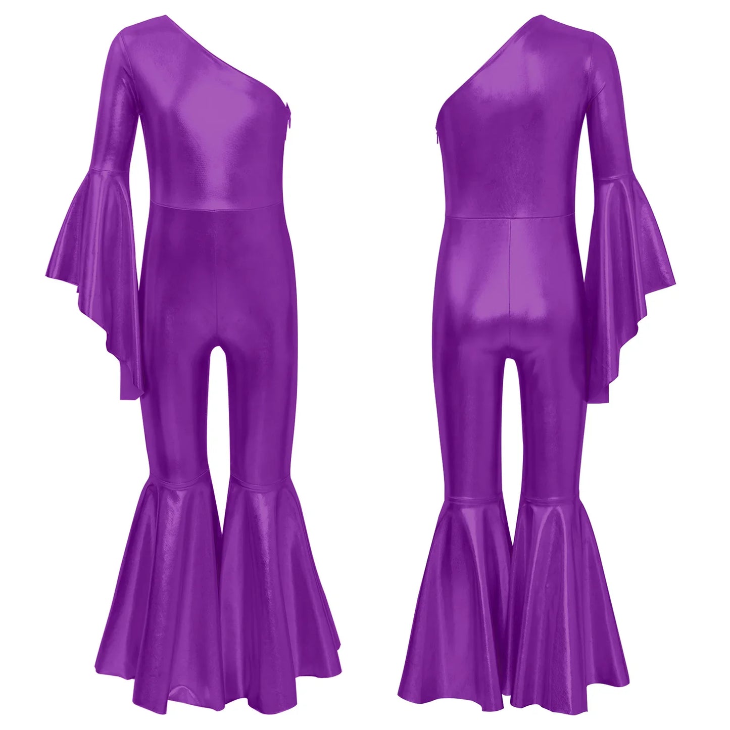 Girls Dance Metallic One Shoulder Bell-Bottom Jumpsuit (Age 6-16YRS)