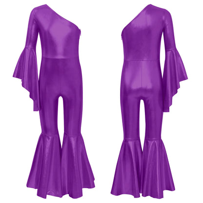 Girls Dance Metallic One Shoulder Bell-Bottom Jumpsuit (Age 6-16YRS)