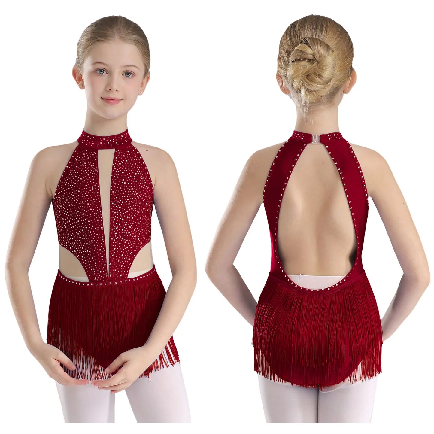 Girls Dance Costume Sleeveless Rhinestone Tassel Leotard (Age 6-16 YRS)