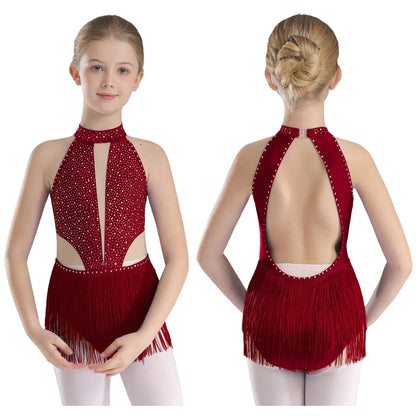 Girls Dance Costume Sleeveless Rhinestone Tassel Leotard (Age 6-16 YRS)