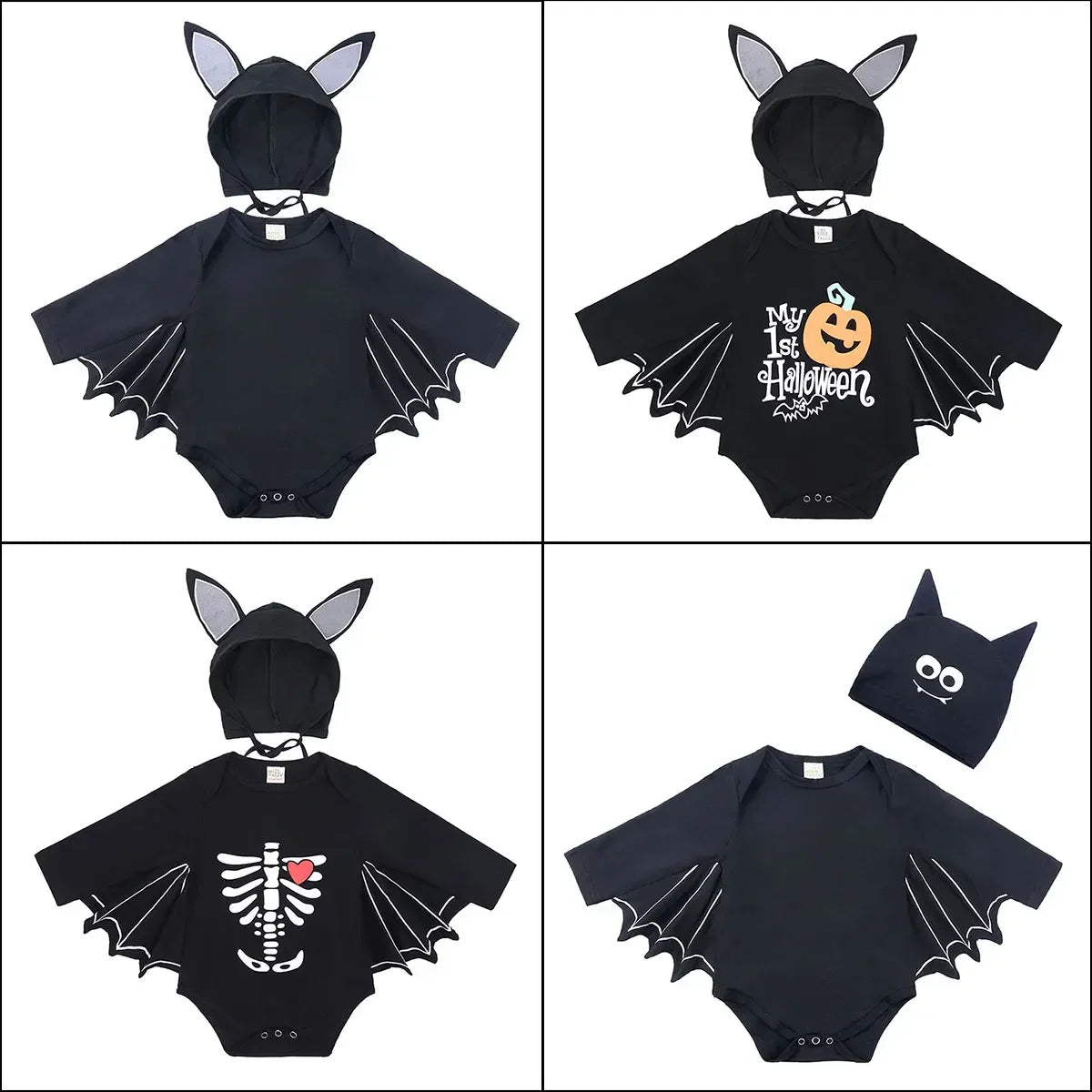 Skeleton Black Bat Costume for Baby 3-6M 6-12M 12-24M Purim Halloween Costumes Romper Hat 2pcs/set