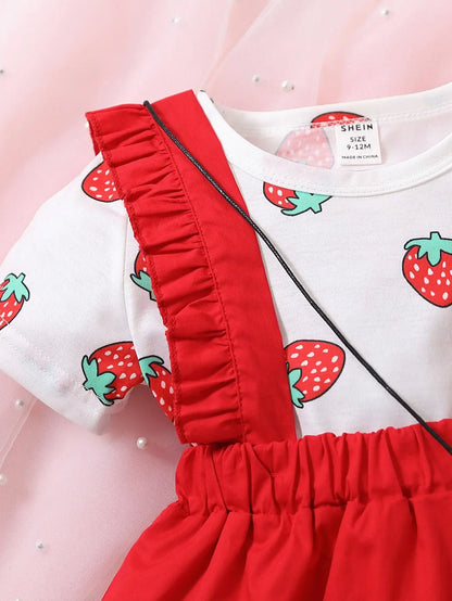 Baby Girls Strawberry Print Top & Red Cotton Dress & Bag Set (Age 6M-3YRS)