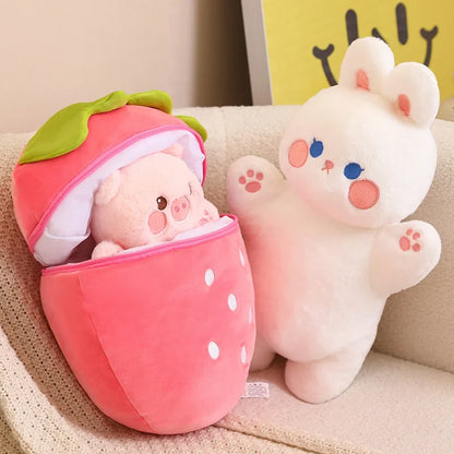 Plush Rabbit Hiding in Strawberry Bag Stuffed Toy 30-80cm