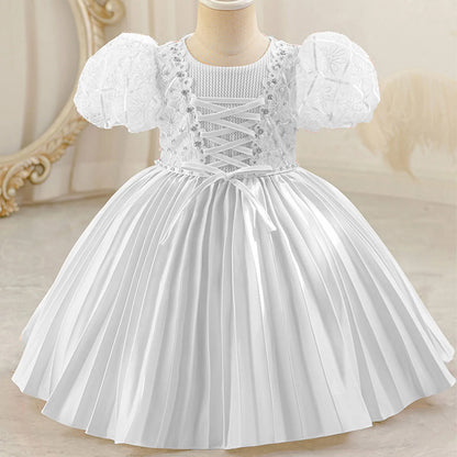 Baby Girls Princess Puff Sleeves Satin Faux Pearls Pleated Tulle Dress (9M-5YRS)