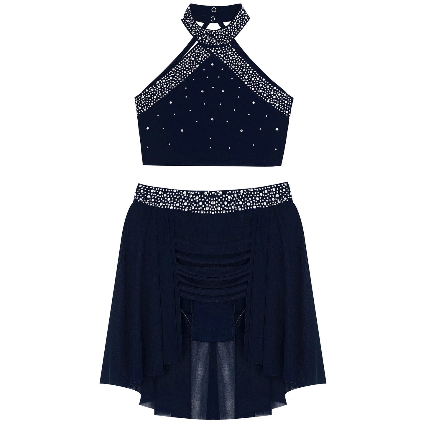 Girls Rhinestones Dance Outfit Tops & Skirt Set (Age 6-16 YRS)