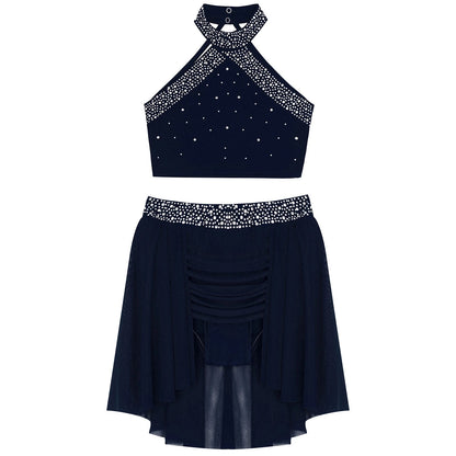 Girls Rhinestones Dance Outfit Tops & Skirt Set (Age 6-16 YRS)