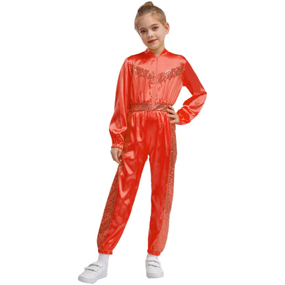 Girls Sequin Satin m Long Sleeve Zipper Jumpsuit (Age 6-16 YRS)