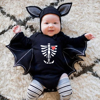 Skeleton Black Bat Costume for Baby 3-6M 6-12M 12-24M Purim Halloween Costumes Romper Hat 2pcs/set
