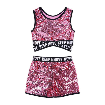 Girls Sequin Dance Top & Shorts Set (Age 4-16YRS)