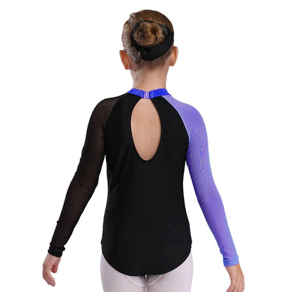 Girls Ballet Dance Leotard Gymnastics  Rhinestones Sheer Mesh Long Sleeve (Age 4-16 YRS)