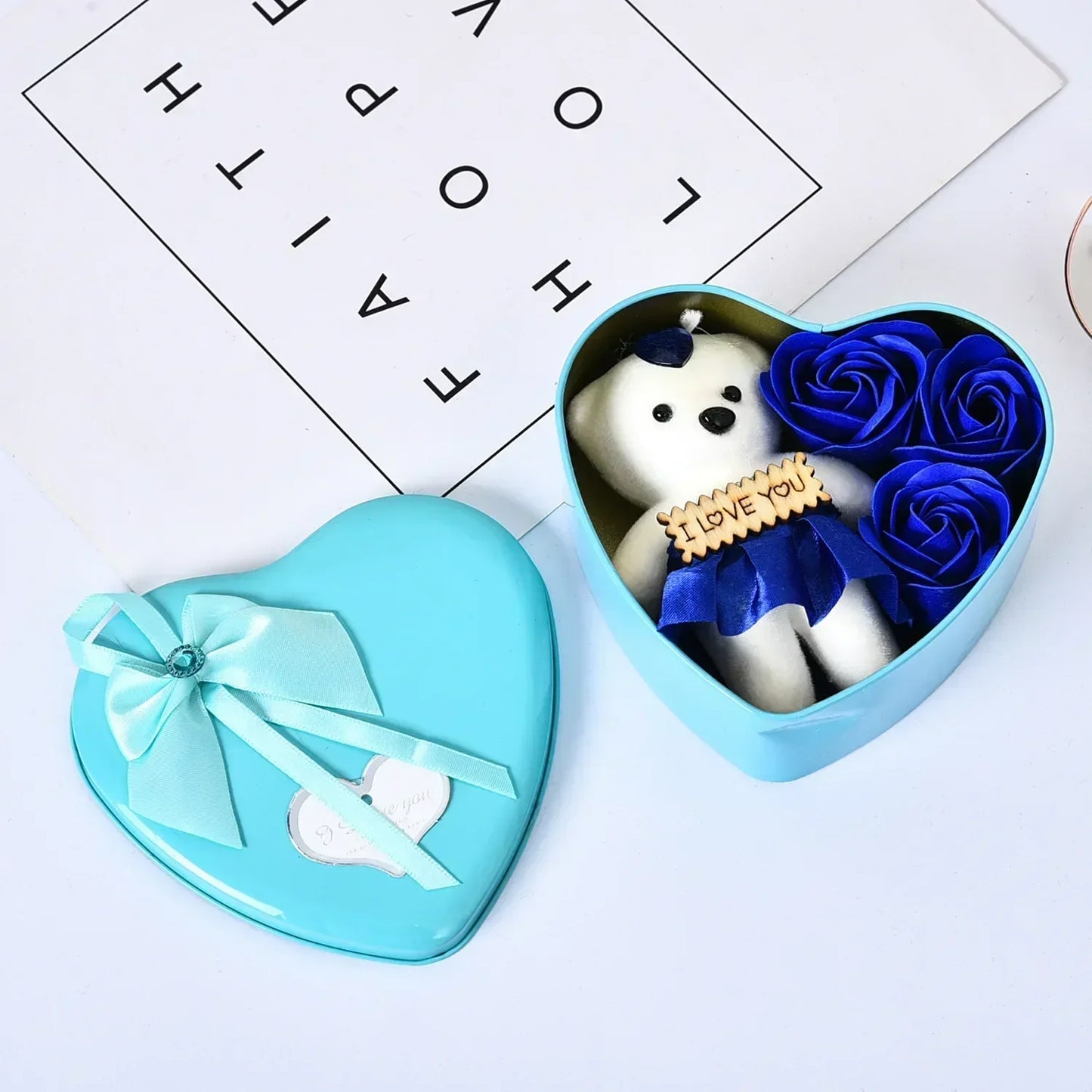 Heart Shaped Soap Flower Teddy Bear Gift Box Blue