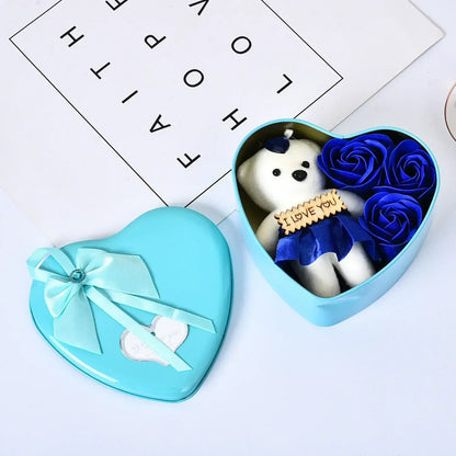Heart Shaped Soap Flower Teddy Bear Gift Box Blue